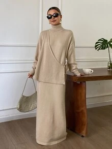 Strévra Women's Winter Apricot Round Neck Long Sleeve Slim Fit Waist Ribbed Knit Elegant Sweater Dress - Apricot - View 1
