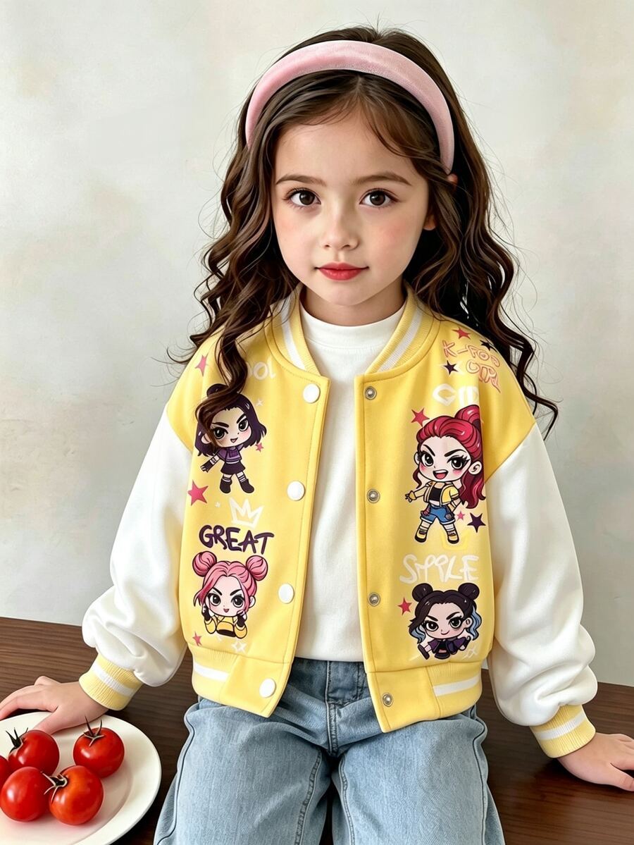 SHEIN Elladie kids 女童春秋嬰兒白色拼接棒球夾克，卡通女孩星星字母印花，羅紋立領，單排扣短版大學棒球夾克
