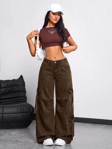 SHEIN EZwear 女款工裝口袋寬腿寬鬆休閒牛仔褲 - 咖啡棕 - 查看 6