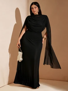 SHEIN BAE CURVE فستان أنيق للنساء بمقاسات كبيرة مع ربطة كشكشة وحافة ذيل سمكة مطوية - الأسود - مشاهدة 4