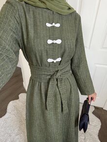 Solavon New Design Modern Chinese Style Frog Button Cinched Waist Slimming Elegant Daily Versatile Green Striped Dress - Army Green - View 4