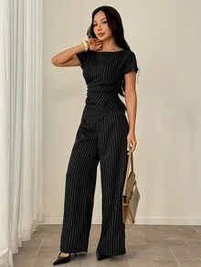 SHEIN PETITE Women's Striped Round Neck Asymmetric Hem Shirt And Wide Leg Pants Set - Black - View 7