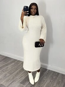 Penseblé Women's Round Neck Bell Sleeve Solid Color Sweater Dress - Apricot - View 4