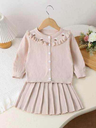 2pcs Young Girls Floral Embroidery Knit Cardigan Pleated Skirt Sets, Cute/Vintage/Casual Suits For School Outdoor, Autumn Outfits Baby Pink