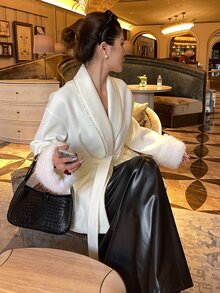 Livesso Women's Plush Patchwork Casual Versatile Daily Wear Overcoat Fall - Beige - View 3