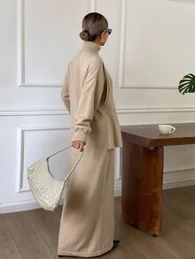 Strévra Women's Winter Apricot Round Neck Long Sleeve Slim Fit Waist Ribbed Knit Elegant Sweater Dress - Apricot - View 2