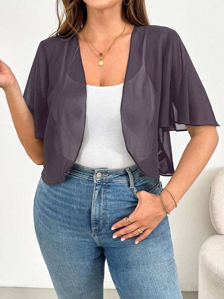 SHEIN Essnce 大尺碼純色短袖半透明薄款夾克外套 - 深灰色 - 查看 1