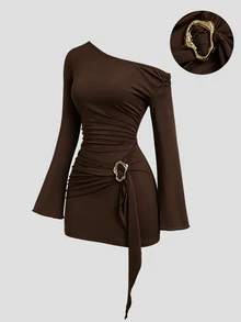 Sweetra Sexy Sweet Simple Vintage Party Night Out Casual Long Sleeve Bodycon Asymmetrical Shoulder Flared Sleeve Ruched Side Autumn Dress Dark Brown - Brown - View 3