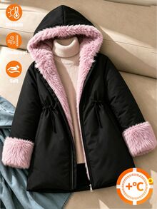 SHEIN 少女款毛毛領連帽派克夾克外套 抽繩收腰長版冬季保暖大衣 - 黑色 - 查看 5
