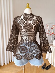 Comfortcana Plus Size Autumn Vintage Crochet Lace-Up Black Bell Sleeve Mid-Length Cardigan - Coffee Brown - View 2