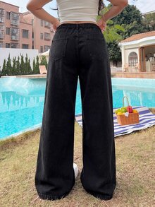 SHEIN MOD 大尺碼女款休閒日常牛仔褲，附口袋、鈕扣與蝴蝶結圖案 - 黑色 - 查看 2
