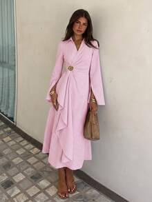 Siren Gaze Women's Striped Collared Waist Metal Decor Patchwork Ruffle Hem Elegant Long Dress - Pink - View 2