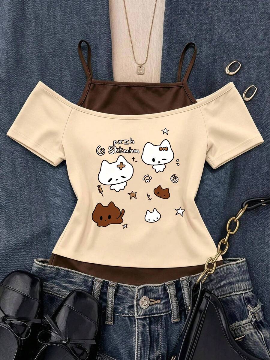 SHEIN Sparklyn 女童動物圖案印花休閒假兩件式單肩細肩帶短袖T恤上衣,舒適春秋日常穿著 - 彩色 - 查看 1