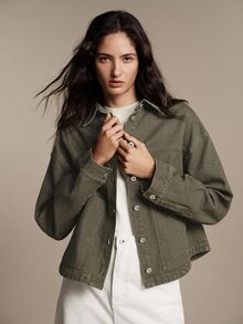 Anewsta Essential Women's Vintage American Style Washed Denim Collared Short Jacket In Army Green, Autumn/Winter - Green - View 4