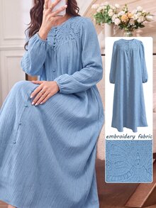 Al Najma Spring/Autumn Round Neck Front Button Embroidered Patchwork Textured Blue Dress  Blue Dress Saudi National Day Fall/Winter Vacation  Traditional - Blue - View 1