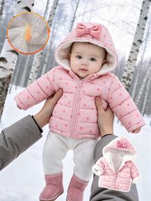 Fleece Coat With Pink Heart Prints For Newborn Baby Girls, Winter Outerwear - Pink - View 1