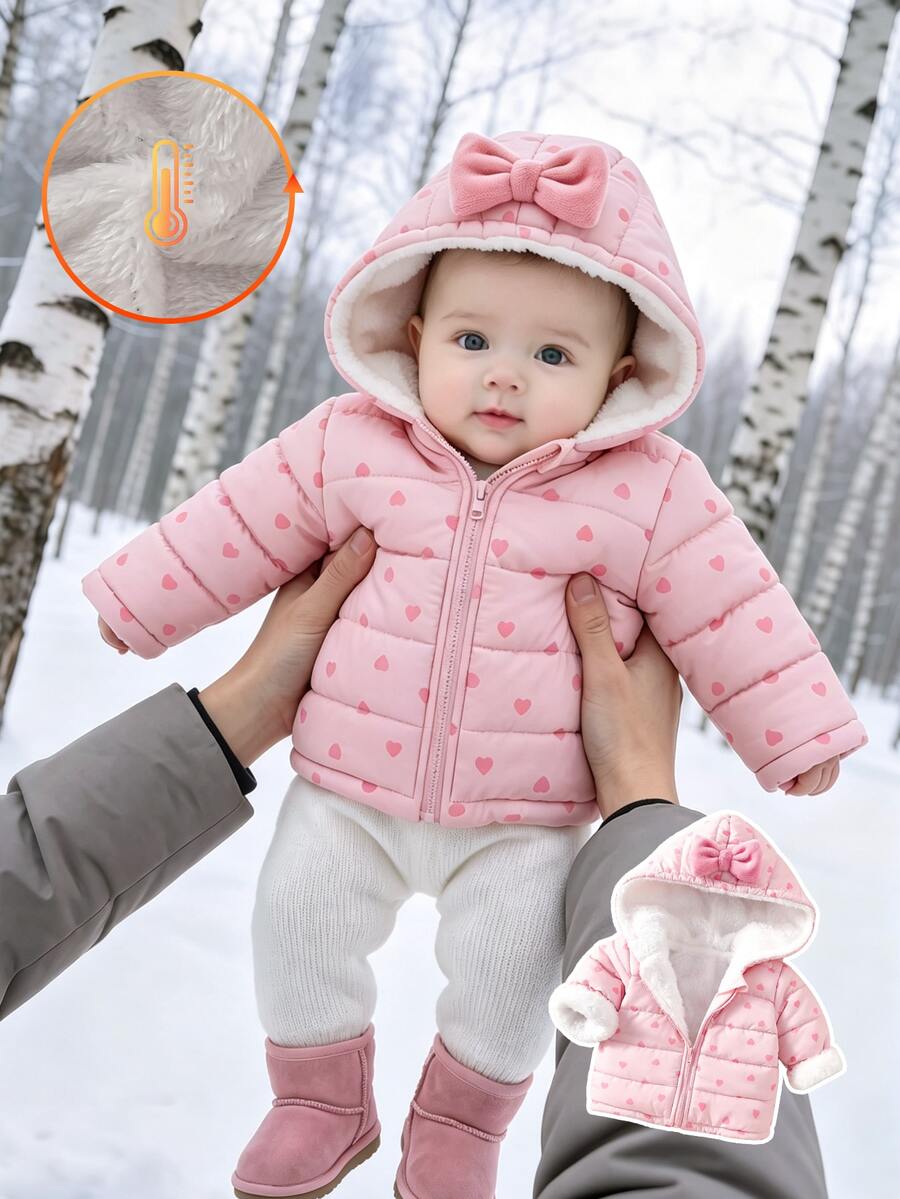 Fleece Coat With Pink Heart Prints For Newborn Baby Girls, Winter Outerwear - Pink - View 1