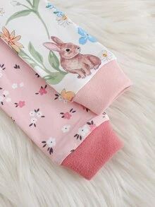 Cozy Pixies 4件裝女嬰休閒日常舒適碎花對比色圓領套頭睡衣上衣與長褲2件套，2套 - 粉色 - 查看 4