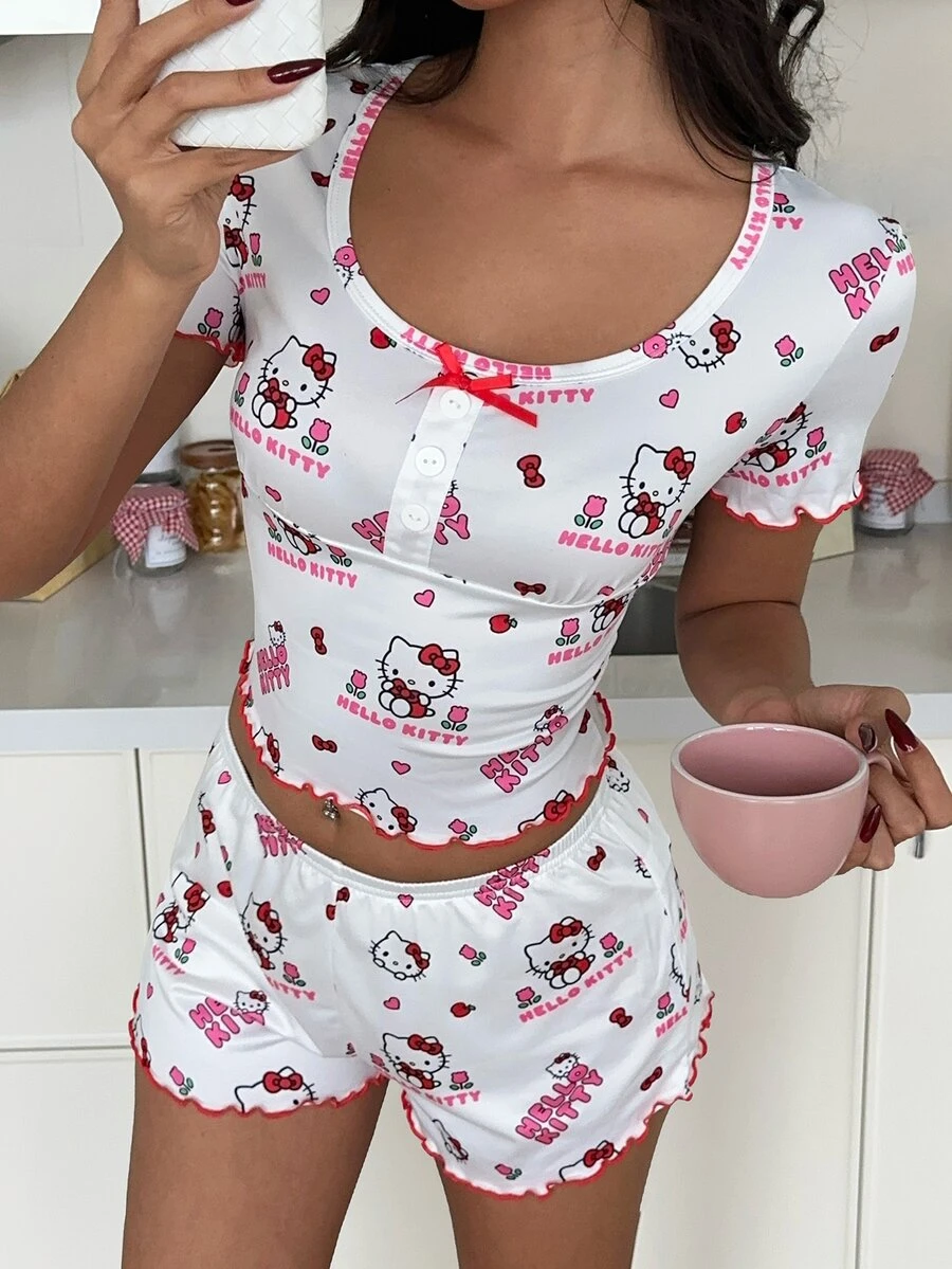 ZzzCrew HELLO KITTY AND FRIENDS | SHEIN Women's Fitted Heart Print Button Bow Decor Round Neck Short Sleeve Top And Shorts Pajama Set - White - View 1