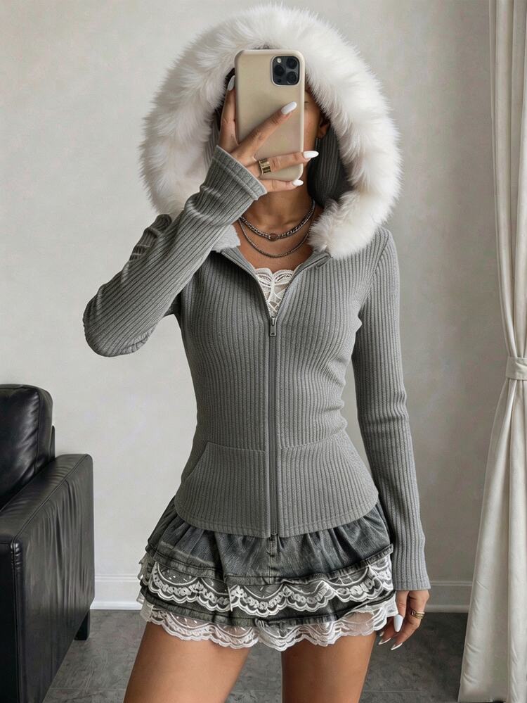 Teen Girls Casual Daily Slim Fit Snug Slim Fit Sweatshirt Sweatshirt, Back To School Season, Korean Style - Dark Grey - View 1