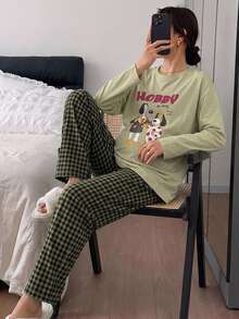 DAZY Pattern Letter Print Loose Long Sleeve T-Shirt & Plaid Long Pants Casual Home Daily Spring Autumn 2pcs Set For Pregnant Women - Green - View 5