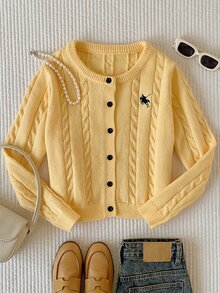 Comfortcana 秋季學院風叛逆風針織開襟衫，日常校園穿搭，麻花編織鈕扣前襟，奶油黃 - 鵝黃色 - 查看 6