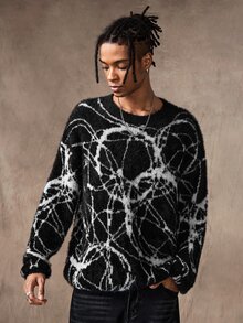 ROMWE MEN Men's Round Neck Dark Geometric Art Knit Sweater Street Style - Black - View 6