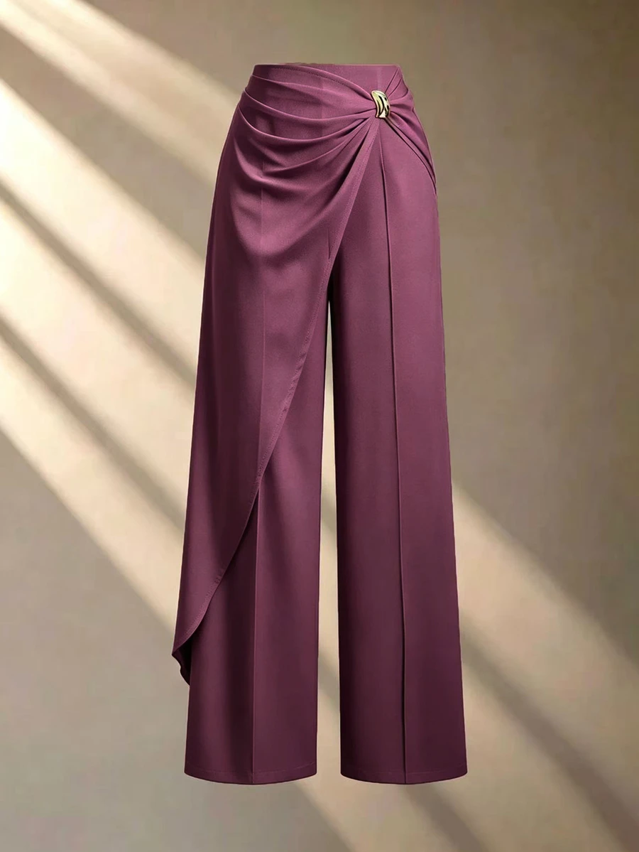 Franclia Women's White Straight Leg Casual Commuter Pants, Patchwork Chiffon Draped Soft Flowy Pants With Metal Buttons, Asymmetrical Versatile Spring/Summer Trousers - Violet Purple - View 1