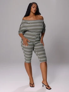 Rustia Plus Size Multi-Color Striped Asymmetric Neck 3/4 Sleeve Fitted Knit Jumpsuit - Multicolor - View 2