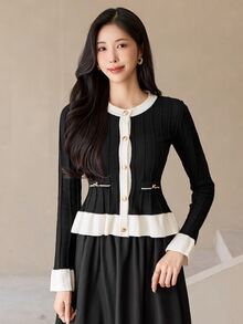 DAZY Cardigan Patchwork Blok Warna Prancis Elegan untuk Wanita, Cocok untuk Kantor di Musim Gugur, Warna Hitam dan Putih - Hitam - View 4