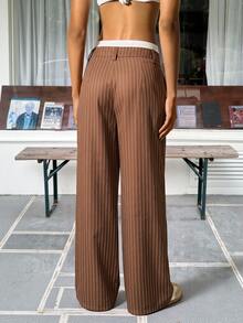 SHEIN EZwear 女款休閒條紋拼接色塊高腰寬腿西裝長褲，秋冬款 - 卡其色 - 查看 2