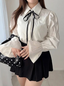 Dazy Plus Preppy Style Bowknot Lace-Up Flared Sleeve White Shirt, Spring/Autumn New Arrival - White - View 4
