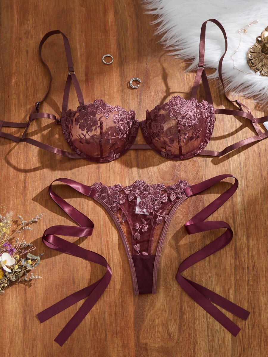 SHEIN 女款天藍色刺繡綁帶內衣套裝 2件組 - 中紫紅色 - 查看 1