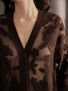 Anewsta Women's Loose Knit Cardigan With Asymmetrical Floral Mesh Rope Embroidery, Sheer V-Neck, Autumn Commute - Coffee Brown - View 1