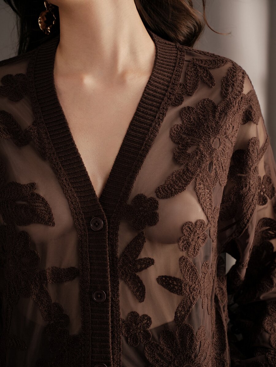 Anewsta Women's Loose Knit Cardigan With Asymmetrical Floral Mesh Rope Embroidery, Sheer V-Neck, Autumn Commute - Coffee Brown - View 1