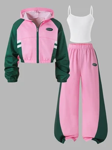 SHEIN 3件組大童女孩秋季套裝 連帽長袖前開襟短版拉鍊夾克 白色滾邊織帶裝飾 校園風 粉紫色 - 彩色 - 查看 3