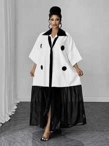 Maweii Gaun Longgar Motif Polkadot Warna Blok Ukuran Plus untuk Musim Gugur - Hitam dan Putih - View 1