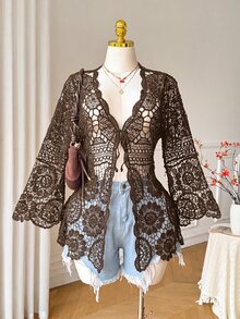 Comfortcana Plus Size Autumn Vintage Crochet Lace-Up Black Bell Sleeve Mid-Length Cardigan - Coffee Brown - View 3