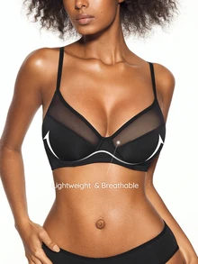 SHAPORA Sexy Women's Lingerie 3mm Cotton Mesh Patchwork Underwire Bra, Push-Up, Large Bust Minimizing, 1pc - Black - View 1