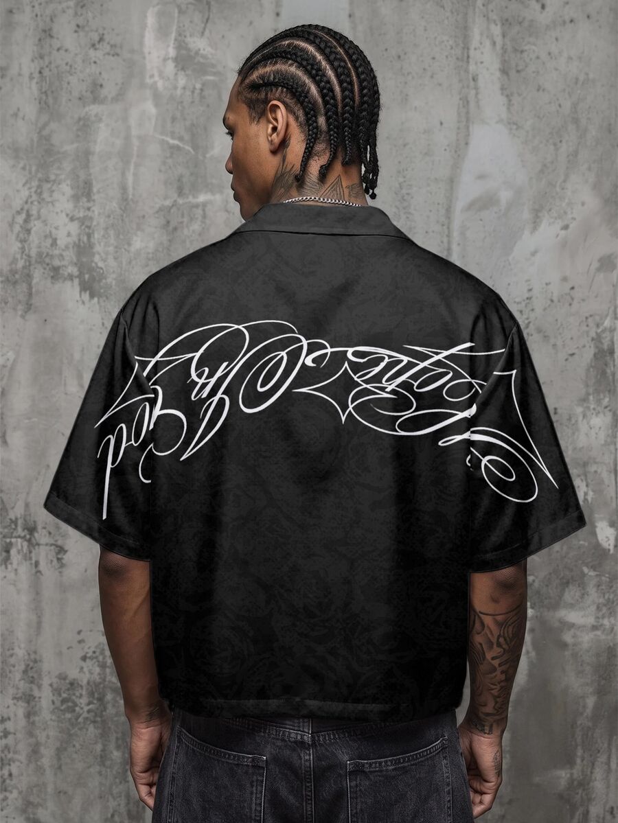 Manfinity ZONE917 Men's Letter Print Cropped Shirt - Black - View 1