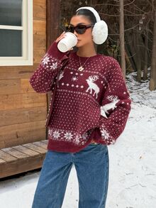 Muchica A Retro-Style Red Women's Knit Pullover Featuring A Polka-Dot Pattern; Also Suitable For Wearing On Halloween.Festival Outfits For Women - Burgundy - View 5