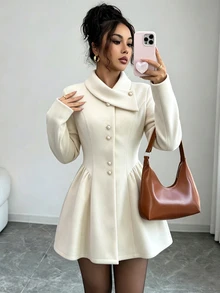 SHEIN Elenzya Mantel Panjang Elegan Warna Polos untuk Musim Gugur/Dingin, Pas di Pinggang - Aprikot - View 3