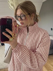 SHEIN EZwear 格紋編織女款休閒夾克 - 紅色 - 查看 13