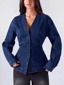LYSMO Women's Casual Cinched Waist Denim Top, Autumn - Medium Wash - View 1