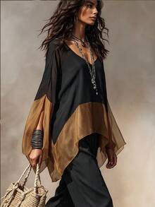 Linhara CURVE Plus Size Women Bohemian Color Block Chiffon Blouse, V-Neck Flowy Batwing Sleeve Asymmetrical Hem Patchwork Top, Loose Relaxed Going Out Casual Shirt - Multicolor - View 5
