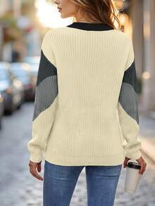 SHEIN 女款秋冬時尚拼色圓領收口長袖套頭毛衣，適合日常通勤、度假、約會、聚會、休閒外出 - 彩色 - 查看 2
