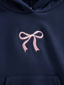 SHEIN 青少年女孩蝴蝶結印花長袖口袋連帽衛衣 - 藏蓝色 - 查看 5