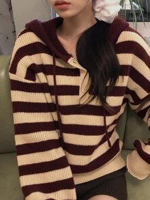 DAZY Women's Colorblock Striped Loose Hooded Long Sleeve Casual Streetwear Vacation Spring Autumn Knit Sweater - Red - View 7