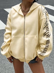 Muchica Women's Streetwear Embroidered Zip-Up Long Sleeve Sweatshirt - Pale Yellow - View 4