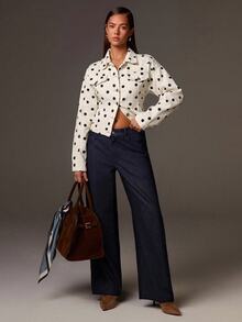 Athîral Denim Women's Relaxed Fit White Denim Jacket,Contrast Stitching,Button Front,Waist Tab,Black Polka Dot,Autumn Retro Chic,Daily Daytime Wear,Office Casual - Apricot - View 2